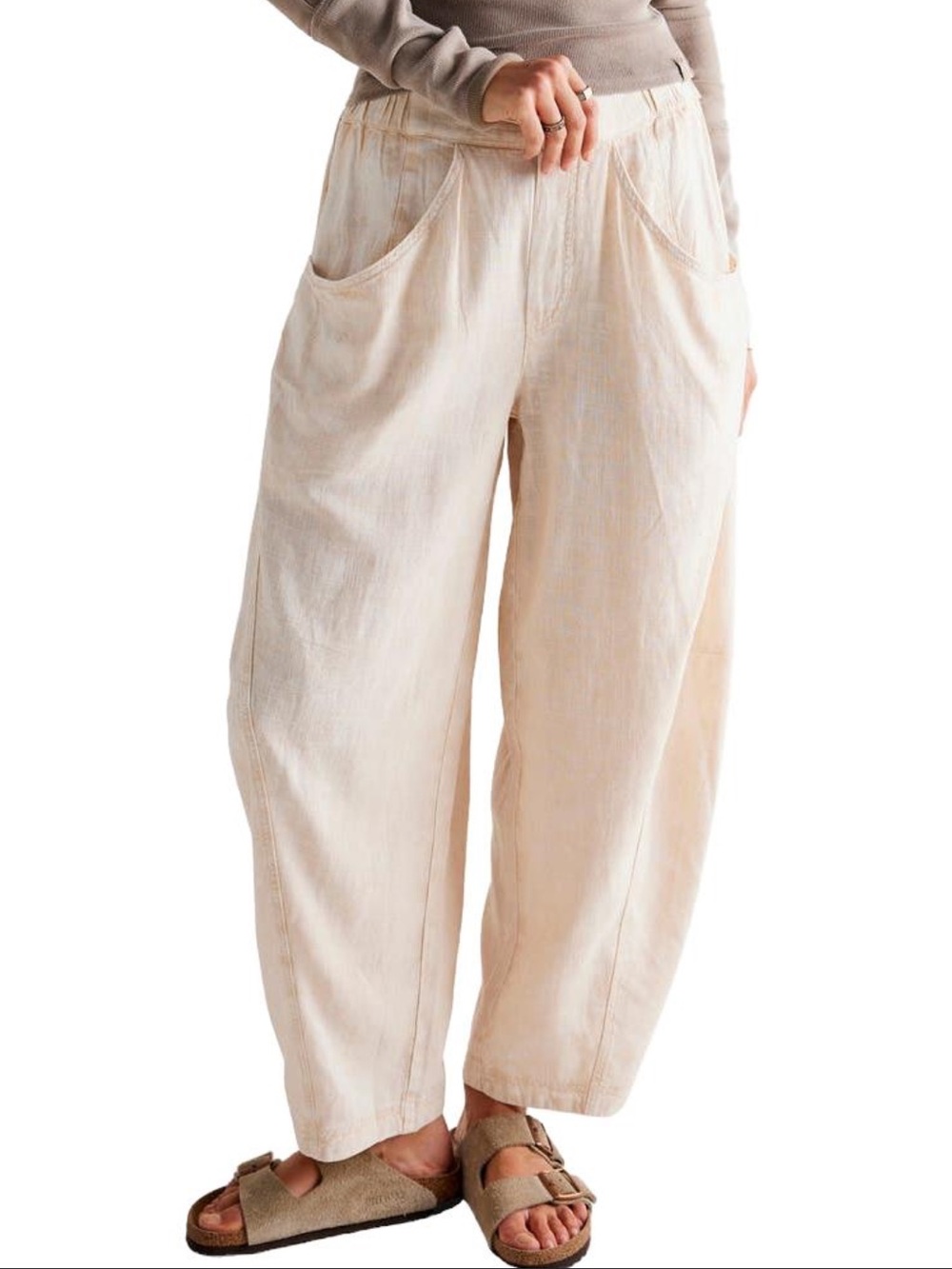 FREE PEOPLE high road pull on barrel leg pants linen blend birch beige size M
